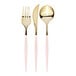 Sophistiplate Bella Gold and Blush plastic cutlery, including forks, knives, and spoons with gold and pink accents.