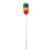 A white pole with a blue top with colorful feathers on a Carlisle wool duster.