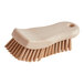 A close-up of a Carlisle Sparta tan handheld scrub brush with bristles.