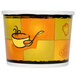 A yellow Huhtamaki paper soup cup with a design on it and a vented paper lid containing hot soup with a spoon on it.
