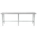 A long stainless steel Advance Tabco work table with metal legs.