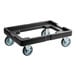 A black plastic Baker's Mark dough box dolly with blue wheels.