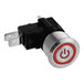 A red power button with a white background.