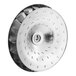 A stainless steel circular disc with holes.