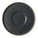 A close-up of a black saucer with a white rim.
