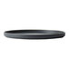 A black Oneida Moira stoneware plate with a rim on a white surface.