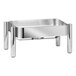 A silver metal rectangular stand with legs for an Eastern Tabletop Jazz Rock square chafer.