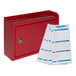 A red steel wall-mounted suggestion box with a keyhole and white suggestion cards inside.
