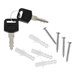 A close-up of a pair of keys and screws on a white background.
