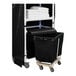 A black Royal Basket Towel Station with white towels on white shelves.