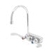 A white wall-mounted T&S chrome faucet with gooseneck spout and wrist action handles, one blue.