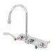 A T&S chrome wall-mounted faucet with gooseneck spout and levers.