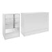 A white rectangular checkout cabinet with a glass counter display.