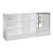 A white checkout cabinet with shelves.