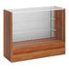 A Cherry Full Vision Display Showcase with wooden shelves and base on a glass shelf.