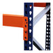 A blue and orange Interlake Mecalux heavy-duty bolted teardrop pallet rack.