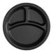 A black Ecopax polypropylene plate with three compartments.