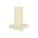 A beige double-sided pegboard gondola merchandiser with shelves on top of it.