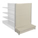 A beige single-sided pegboard end cap gondola merchandiser with shelves and pegboard.