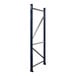 A blue and silver Interlake Mecalux heavy-duty metal frame for a pallet rack.