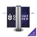 A ZonePro customizable dual rolling stanchion with a blue and silver banner on it.