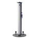 A silver and blue ZonePro rolling stanchion with a blue and white safety banner on it.