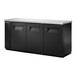 A black rectangular True back bar refrigerator with three solid doors.