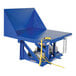 A blue Vestil tilt table with chains attached.