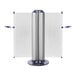 A ZonePro dual stanchion with white safety banners and blue accents on the poles.