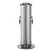 A silver and white cylinder with two black and blue handles.