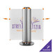 A ZonePro dual rolling stanchion with white banners and orange and purple text.