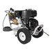 A Mi-T-M gas powered pressure washer with wheels and a hose.