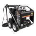 A black Mi-T-M hot water pressure washer with wheels and a hose.