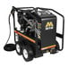 A black Mi-T-M hot water pressure washer with wheels and a hose attached.