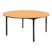 A National Public Seating round Fusion Maple plywood folding table with a T-Mold edge on a black metal stand.