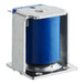 A blue cylinder with a silver metal frame.