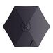 A navy blue umbrella canopy for a round table with a black handle.