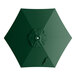 A green umbrella canopy for a round table with a white handle.