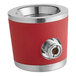 A red and silver cylinder with a hole.