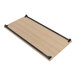 A raw oak melamine base shelf for a Pipeline double bar ballet garment rack with black metal rods.
