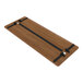 A brown melamine base shelf with black metal straps.