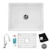 A white Zurn Elkay farmhouse sink with a drain.
