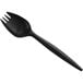 A black plastic spork with a medium length handle.