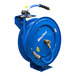 A blue BluBird hose reel with a black hose attached.