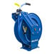 A blue BluBird hose reel with a yellow label and black hose.