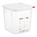 A translucent plastic Araven food storage container with a red lid.
