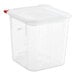 An Araven translucent square polypropylene food storage container with a red lid.