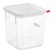 An Araven clear square polycarbonate food storage container with a red airtight lid.