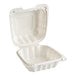 A white plastic hinged take-out container with one compartment.