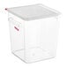 An Araven clear plastic food storage container with a red lid.